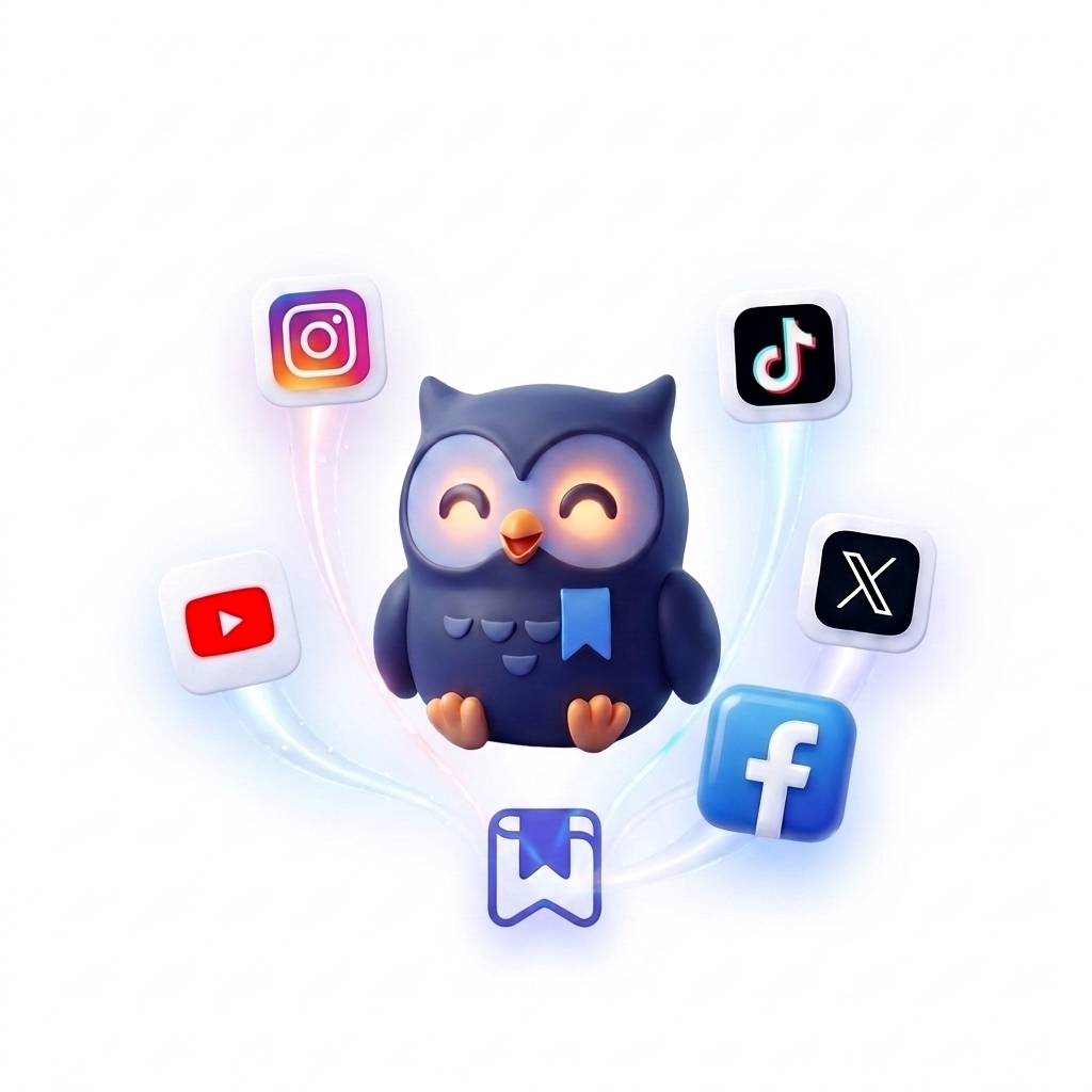 Hoot the Owl Mascot with Floating Social Badges